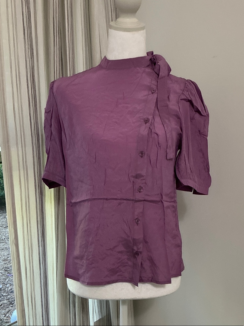 Tulip B Short-Sleeve Tie-Neck Blouse in Deep Purple